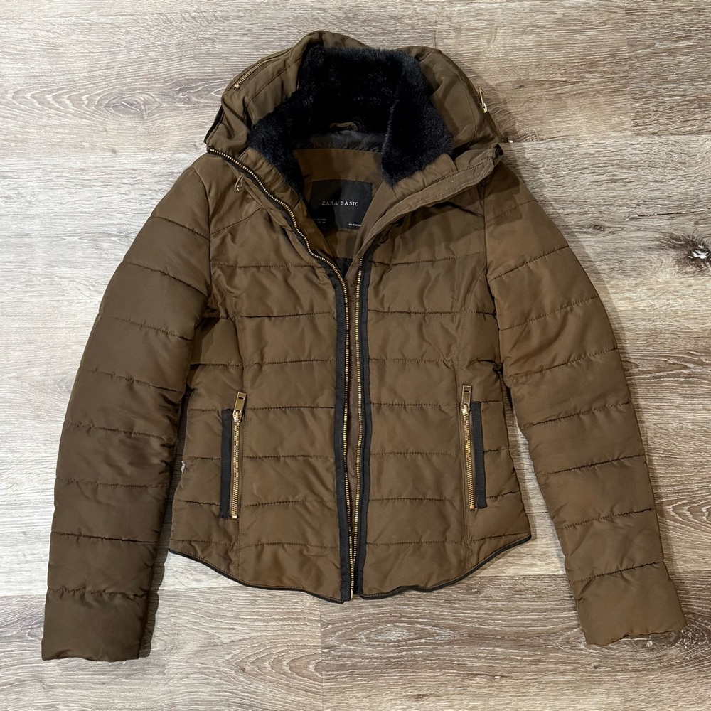Zara Winter Jacket Green with Gold Zippers Fur Zip-In Hood Size XS